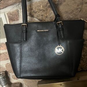 Michael Kors Black Leather Tote with Gold MK Charm